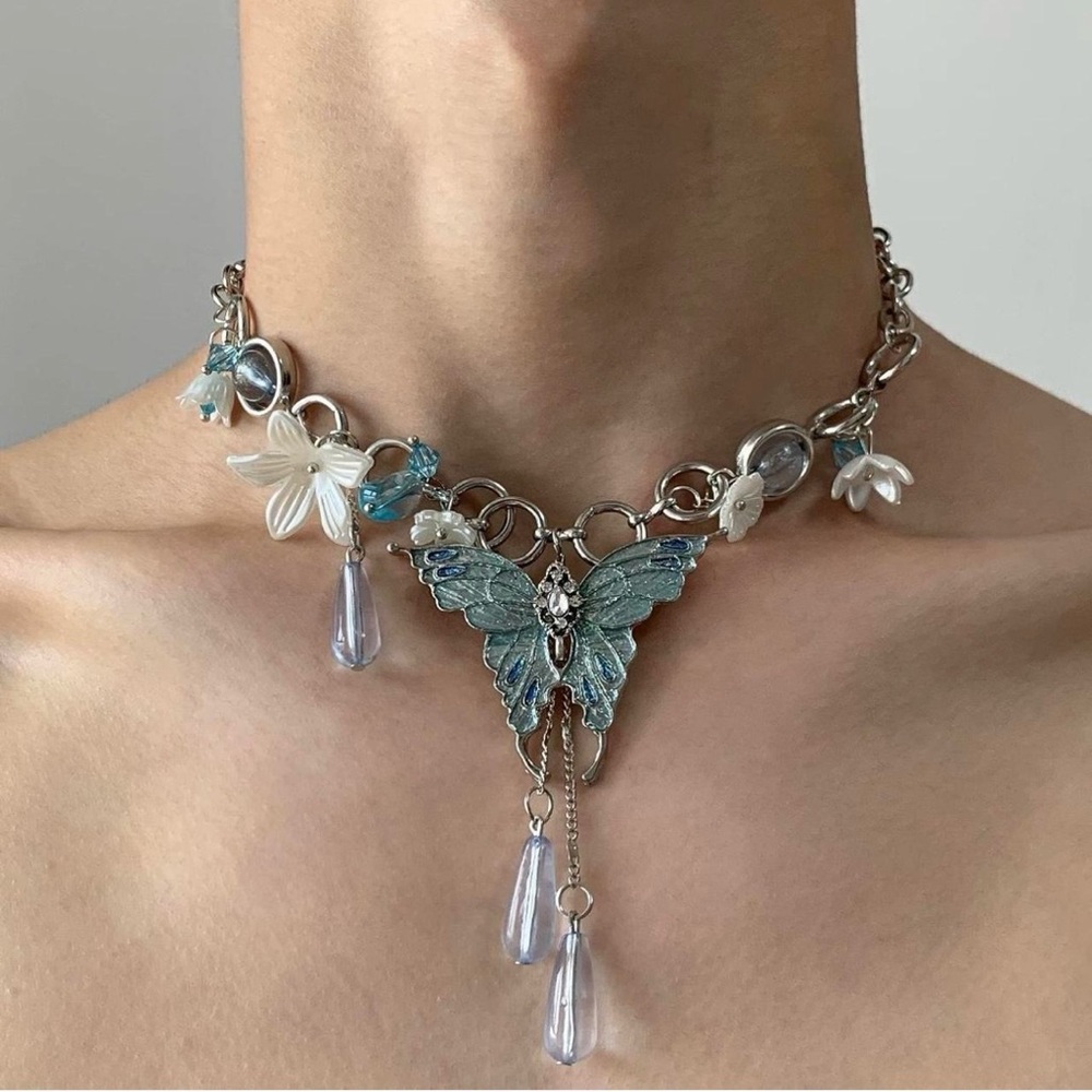 Blue Crystal Butterfly Flower Choker Necklace